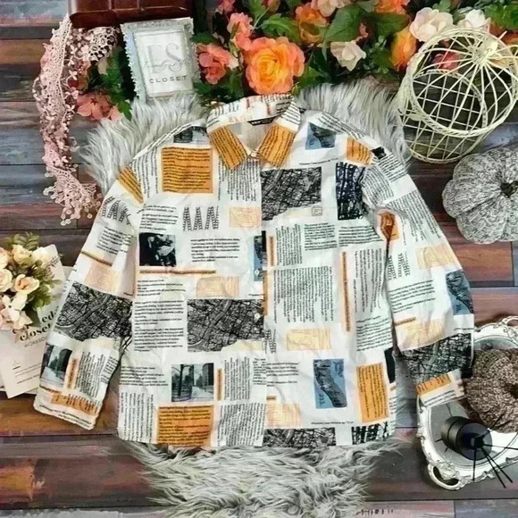 Newspaper All over Print Slogan Collared Button Front Drop Shoulder Blouse, L - Picture 4 of 13